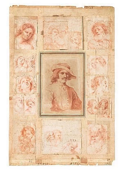 Ritratto del Guercino, a busto circondato da 16 disegni di soggetti vari - attribuito